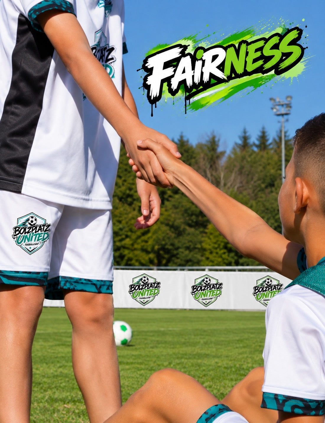 Zwei Kinder geben sich auf dem Fußballplatz die Hand
