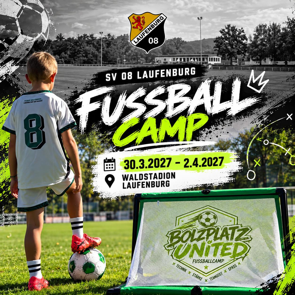 Plakat Fußballcamp SV 08 Laufenburg, 30.3.–2.4.2027, Waldstadion Laufenburg