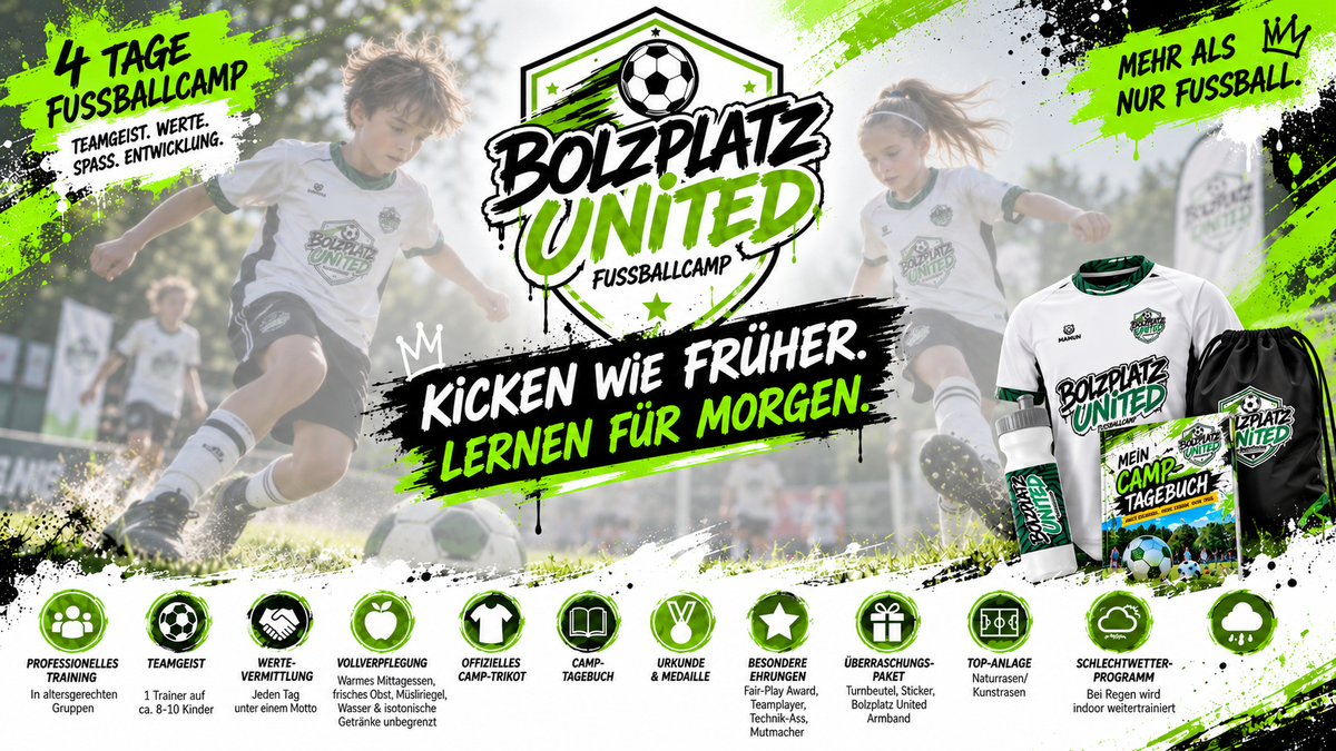 Bolzplatz United Fußballcamp: 4 Tage, Kicken wie früher, Lernen für morgen. Mit Training, Vollverpflegung, Camp-Trikot, Tagebuch, Urkunde und Medaille.