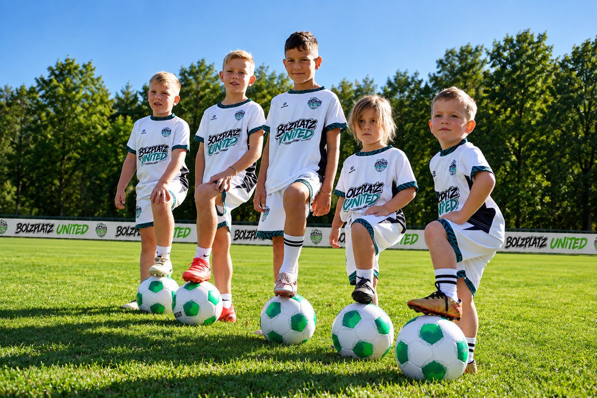 Kinder im Bolzplatz United Trikot stellen sich mit Ball zum Gruppenfoto auf