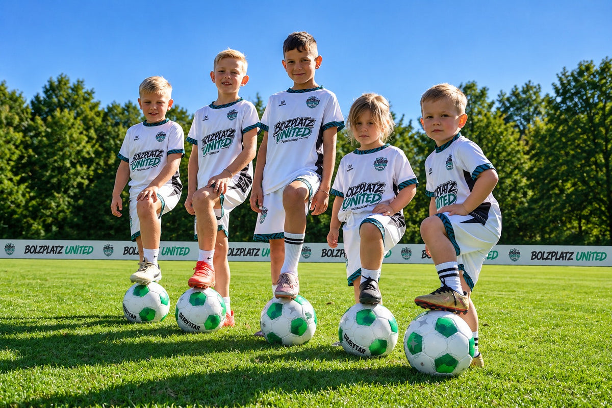 Fünf Kinder im Bolzplatz United Trikot, je einen Fuß auf dem Ball