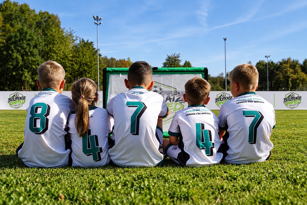 Kinder mit Rückennummern sitzen im Rasen vor einem Minitor